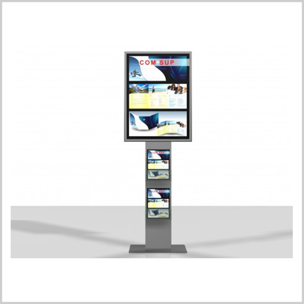 Excellio 1 est un porte affiche équipé d'un cadre clipant 60cm / 80cm et 2 porte brochure en plexiglass.