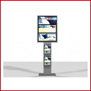 Excellio 1 est un porte affiche équipé d’un cadre clipant 60cm / 80cm et 2 porte brochure en plexiglass.