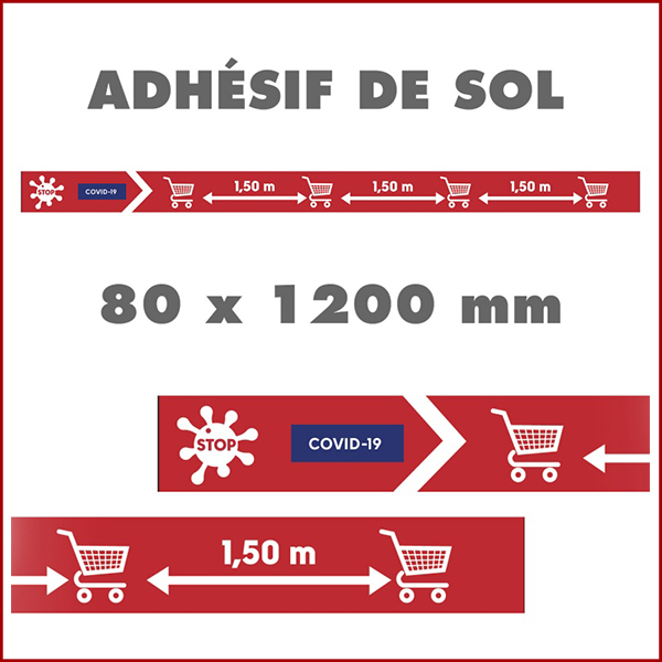 Bandes de sol adhésives COVID-19 - Balisage pour le respect des distances format 80 x 120 cm. Pour indiquer les distances entre les chariots dans les supermarchés.