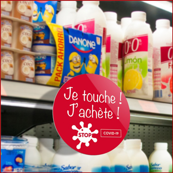 Stop-rayon "ne pas toucher" pour protéger les produits en rayon de magasin. Ce stop-rayon est en PVC, une matière plastique qui peut être nettoyée.